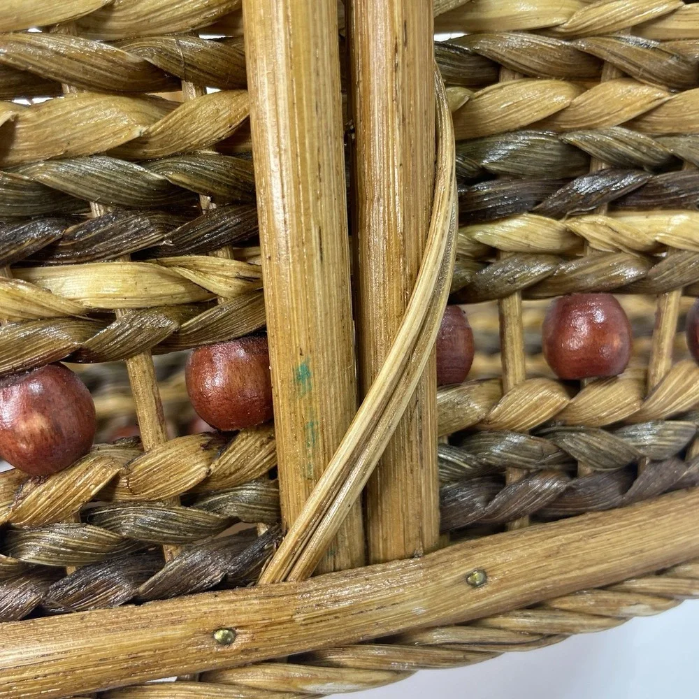 Large Vtg Willow Wicker Wood Bead Basket Handmade‎ Rattan 16.5x10.5